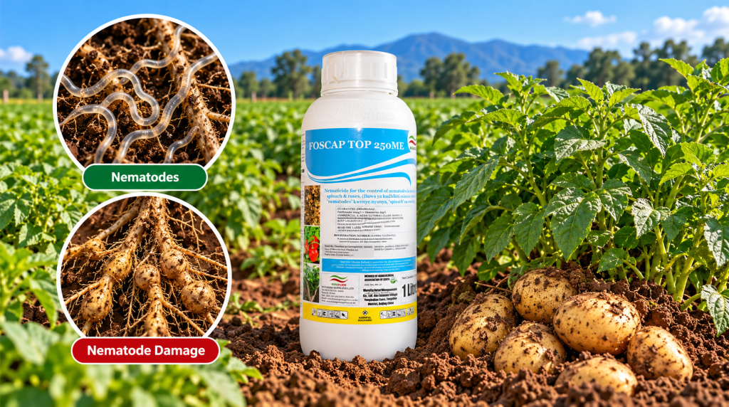 Bottle of FOSCAP TOP 250ME nematicide in a potato field with circular insets of nematodes and nematode damage to roots, conveying crop protection intent