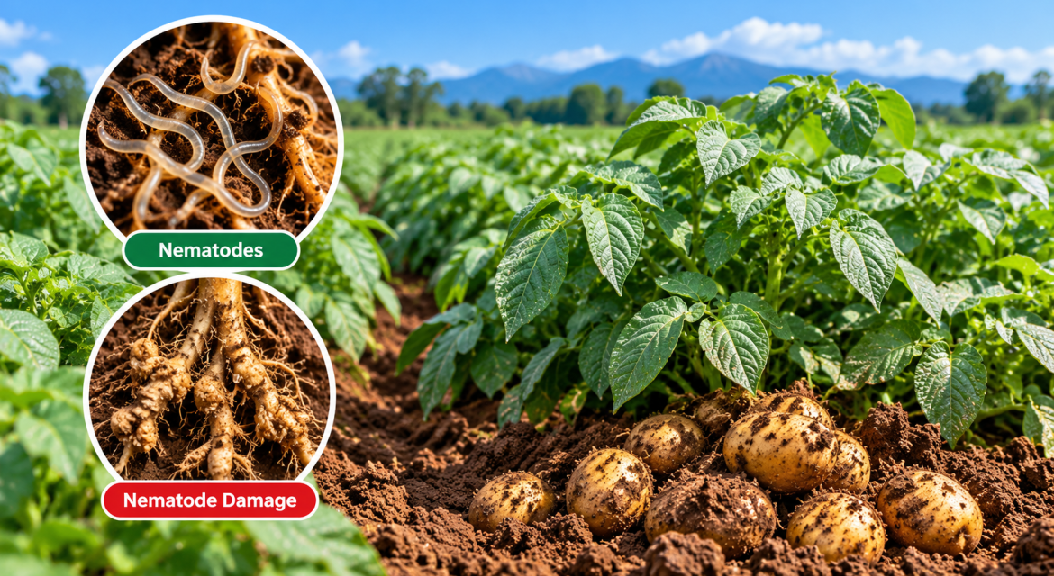 Potato field with soil-covered tubers in the foreground; two circular insets show nematodes in soil and nematode damage to roots (labeled Nematodes and Nematode Damage).