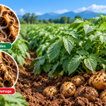 Potato field with soil-covered tubers in the foreground; two circular insets show nematodes in soil and nematode damage to roots (labeled Nematodes and Nematode Damage).