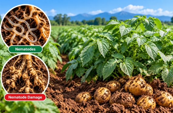 Potato Field Nematode Damage | Kenagro East Africa Potato field with soil-covered tubers in the foreground; two circular insets show nematodes in soil and nematode damage to roots (labeled Nematodes and Nematode Damage).