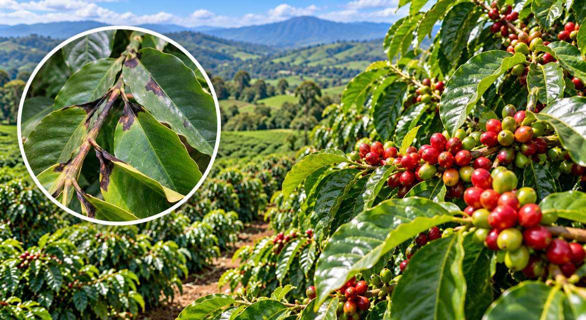 bacterial-blight-of-coffee-symptoms-kenya | Kenagro East Africa Coffee plants with clusters of ripe red coffee cherries on branches; inset shows a leaf with dark rust spots from disease.