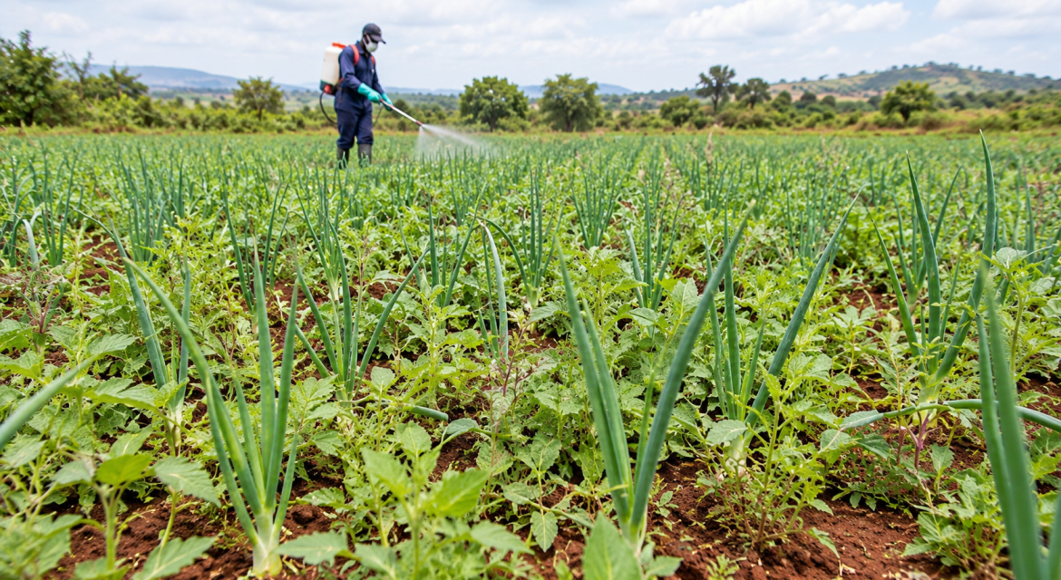 farmer-onion-weed-control-oxen-gold Kenagro East Africa | Kenagro East Africa Farmworker in protective gear sprays crops in a green field of onion-like plants under a cloudy blue sky.