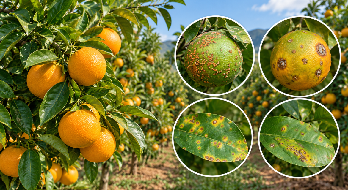 Citrus Canker control in Oranges_Menno Florades | Kenagro East Africa Orange trees with ripe fruit; four insets highlight citrus diseases on fruit and leaves (rust spots on green fruit, spotted yellow-orange fruit, and leaf lesions).