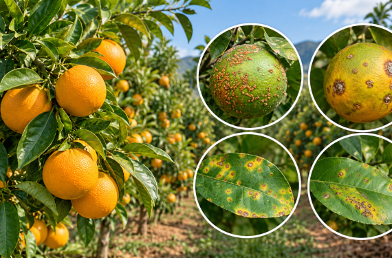 Citrus Canker control in Oranges_Menno Florades | Kenagro East Africa Orange trees with ripe fruit; four insets highlight citrus diseases on fruit and leaves (rust spots on green fruit, spotted yellow-orange fruit, and leaf lesions).