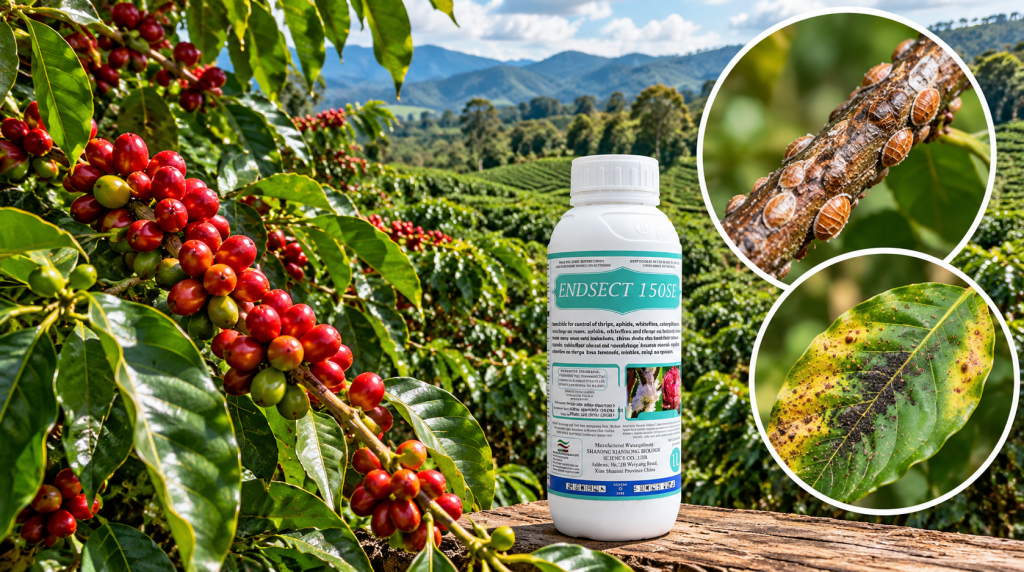 endsect-150se-scale-insect-control-coffee-kenya | Kenagro East Africa Endsect 150SE insecticide bottle in a coffee plantation, shown as a crop-protection product.