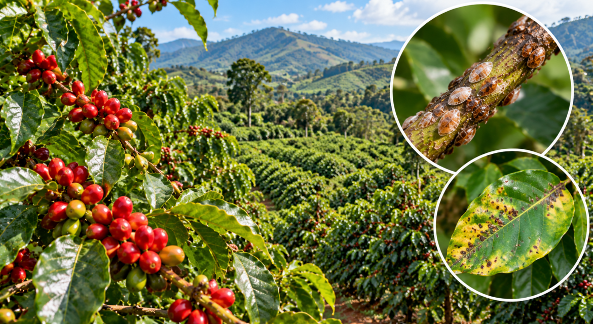 Coffee plant plantation with red ripening cherries on glossy leaves, mountain backdrop; insets show scale insects on a stem and leaf with leaf spot disease signs.