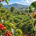 Coffee plant plantation with red ripening cherries on glossy leaves, mountain backdrop; insets show scale insects on a stem and leaf with leaf spot disease signs.