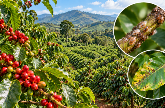 scale-insects-damage-on-coffee-plants-kenya | Kenagro East Africa Coffee plant plantation with red ripening cherries on glossy leaves, mountain backdrop; insets show scale insects on a stem and leaf with leaf spot disease signs.