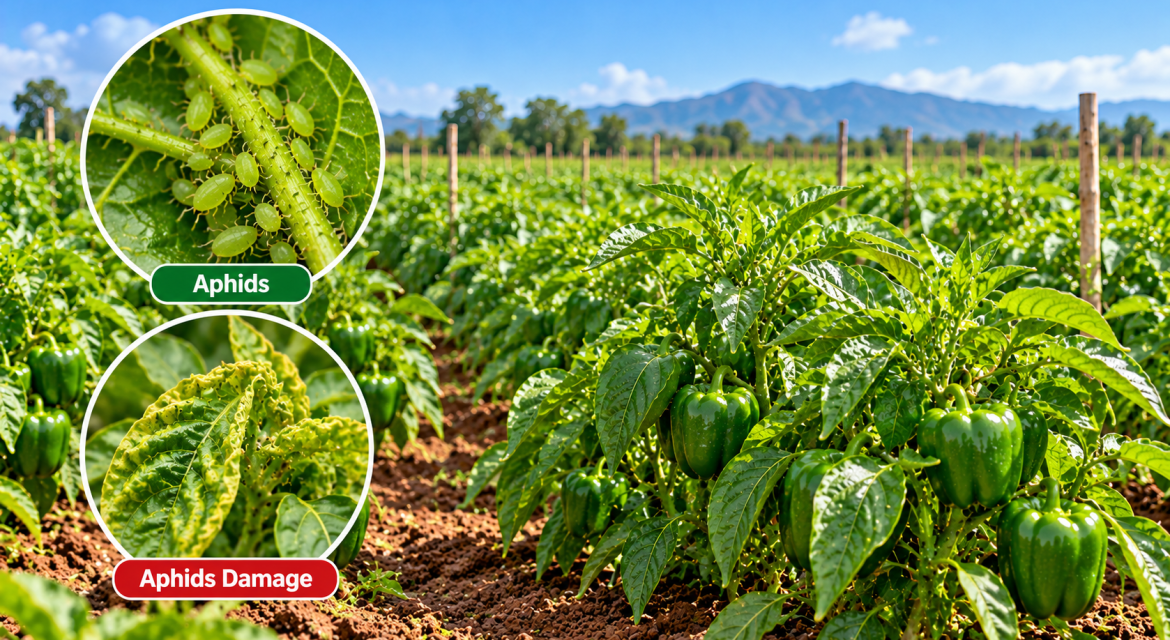 Aphids Control In Capsicum With Acetak 200SL | Kenagro East Africa Pepper plants in a field with magnified insets showing aphids and the damage they cause (Aphids, Aphids Damage).