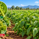Pepper plants in a field with magnified insets showing aphids and the damage they cause (Aphids, Aphids Damage).