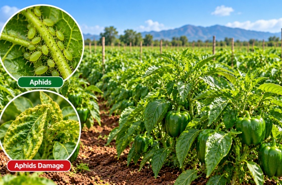 Aphids Control In Capsicum With Acetak 200SL | Kenagro East Africa Pepper plants in a field with magnified insets showing aphids and the damage they cause (Aphids, Aphids Damage).