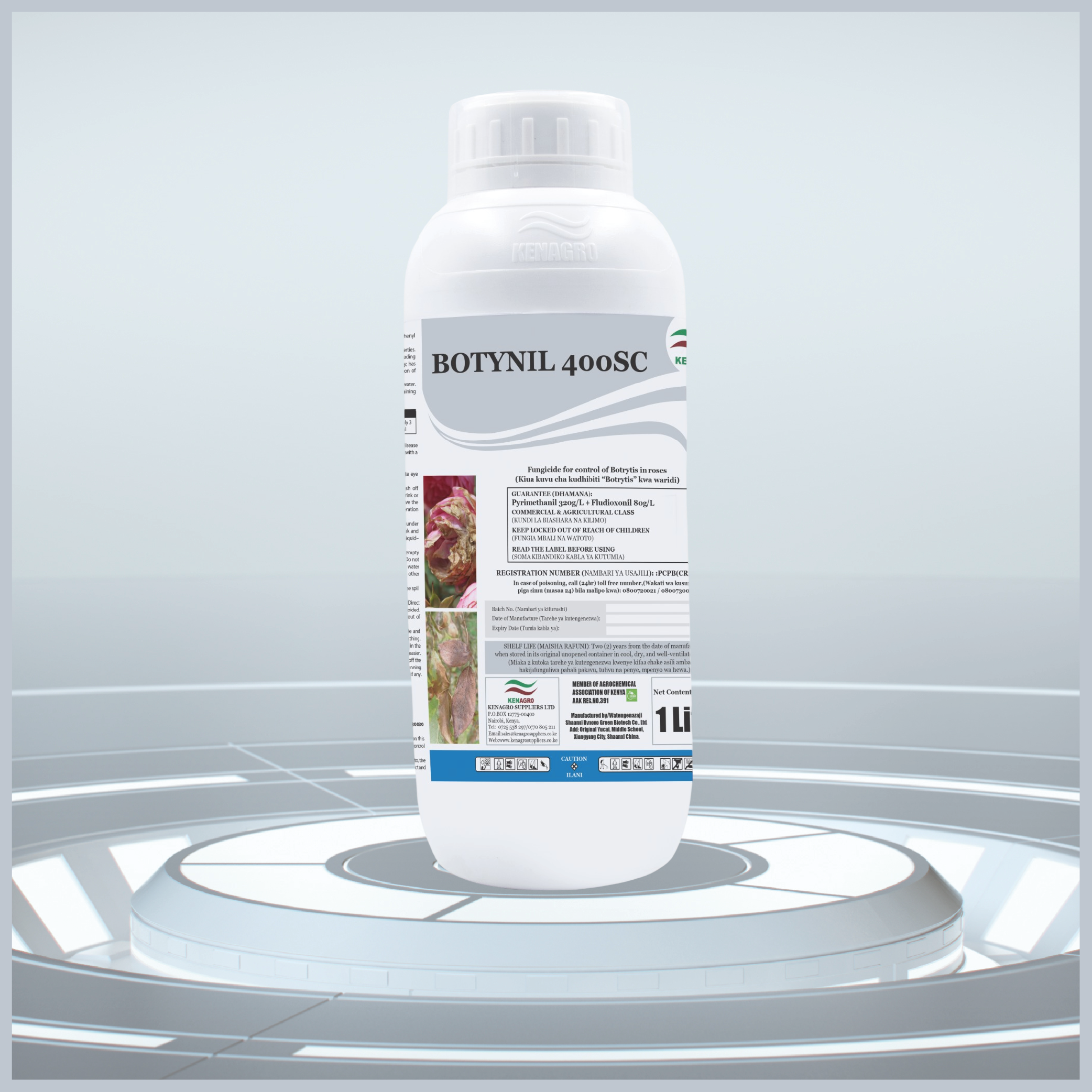 Botynil 400SC-01 | Kenagro East Africa White Botynil 400SC fungicide bottle on a circular pedestal with a labeled front panel visible
