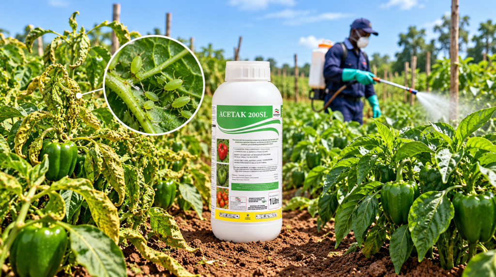 Control Aphids with ACETAK 200SL | Kenagro East Africa Pesticide bottle labeled ACETAK 200SL placed among pepper plants in a field with a worker spraying in the background.
