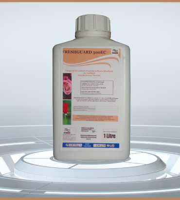 Freshguard-01 | Kenagro East Africa White plastic bottle labeled FreshGuard 500EC fungicide with a Ken Agro logo, 1 litre capacity outward visible on the label.