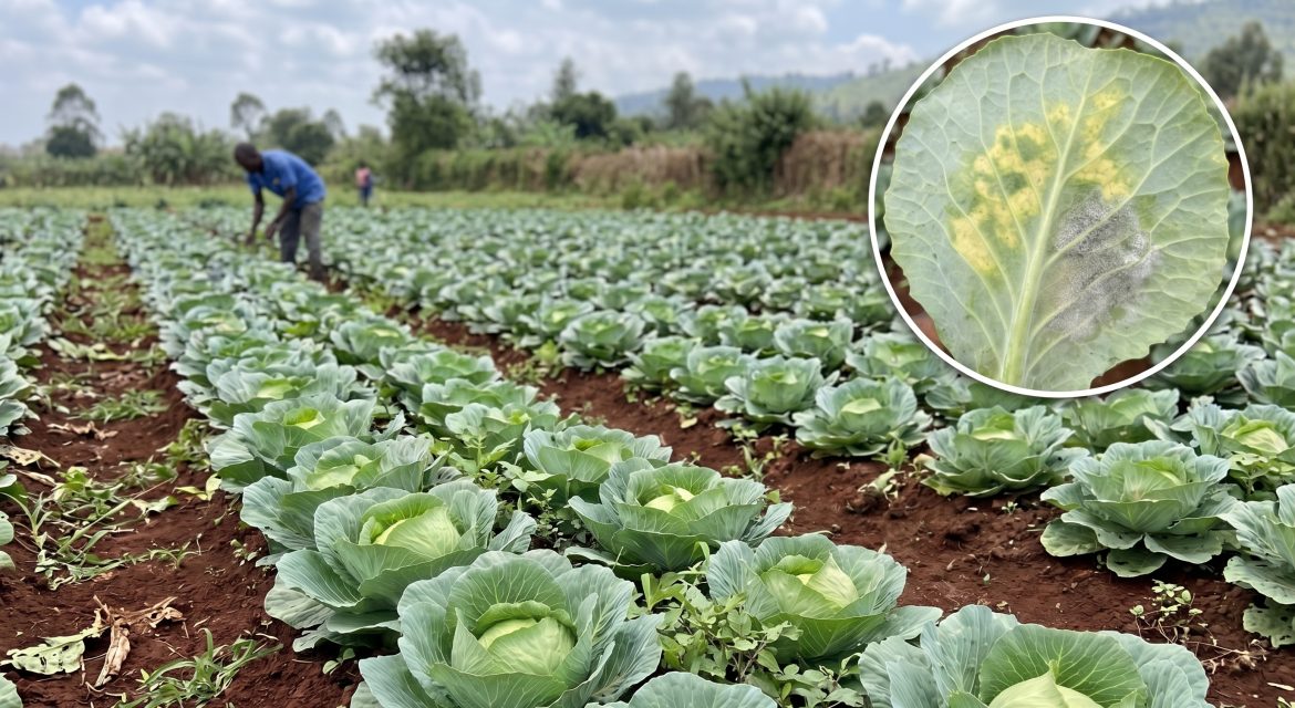 cabbage-downy-mildew-disease-symptoms | Kenagro East Africa Field of cabbage with a worker tending plants; inset shows a leaf with yellowing and powdery mildew fungus.