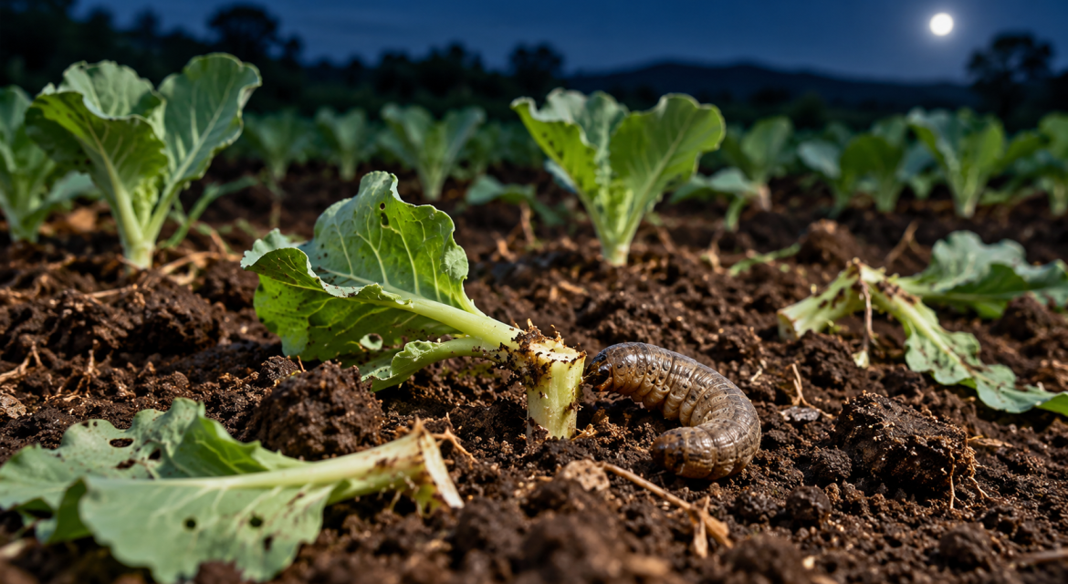 Close-up of a brown grub worm near a cabbage seedling in a dark farm field at night.