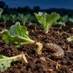 Close-up of a brown grub worm near a cabbage seedling in a dark farm field at night.