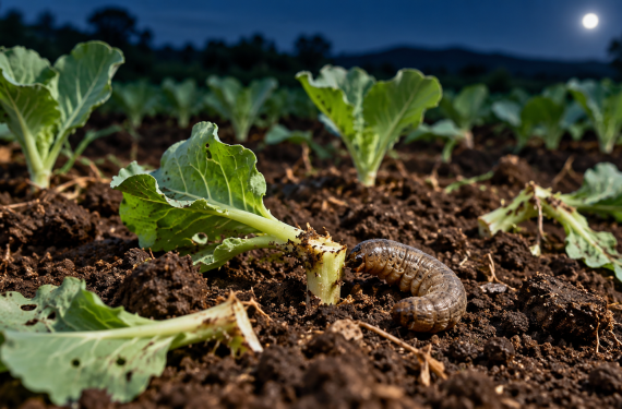 cutworm-damage-on-cabbage-seedlings | Kenagro East Africa Close-up of a brown grub worm near a cabbage seedling in a dark farm field at night.