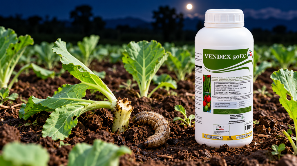 Bottle of Vendex 50EC insecticide in a vegetable field foreground with a larva near a plant stem.