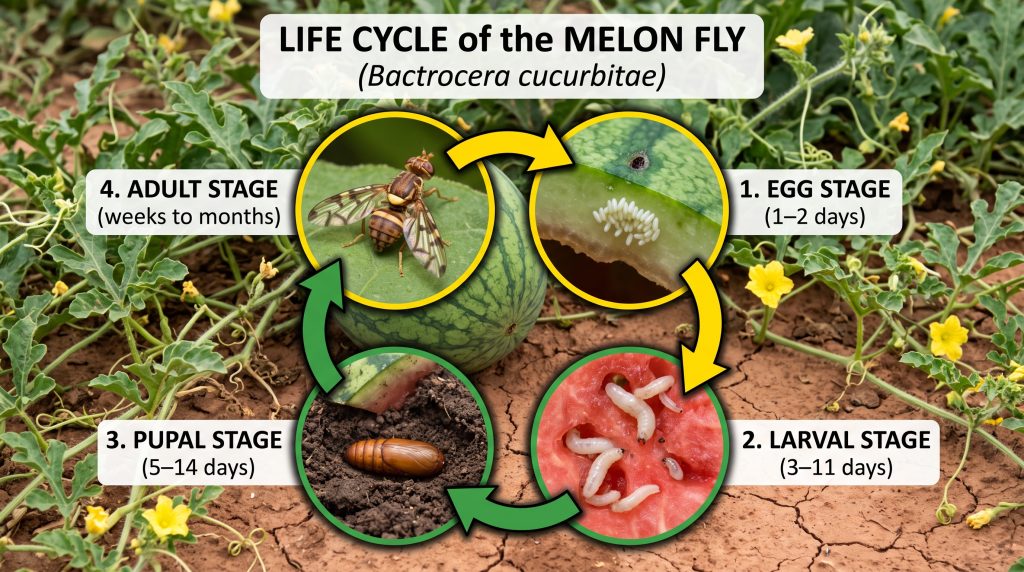 Infographic of the melon fly life cycle (Bactrocera cucurbitae) showing egg, larval, pupal, and adult stages on a watermelon plant background.