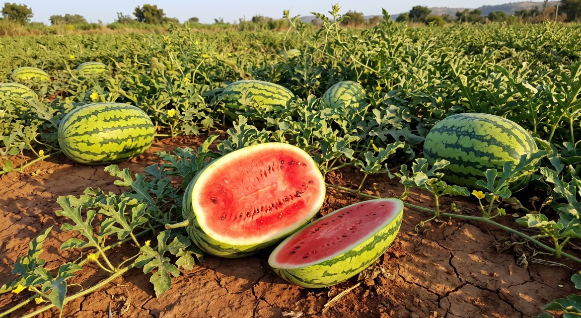 Watermelon field with ripe watermelons, including a halved melon showing red flesh and seeds.
