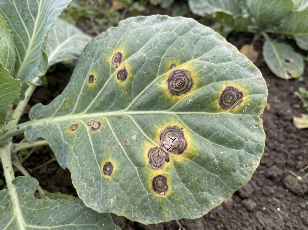 Alternaria Leaf Spot Cabbage Blight symptoms showing circular brown spots with concentric rings | Kenagro East Africa Cabbage leaf with dark circular spots and yellow halos indicating disease activity in the foliage