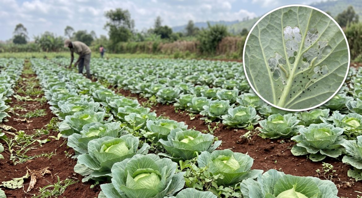 Rows of cabbage plants in a field with a farmer in the background; inset shows a close-up of a pest-damaged leaf with holes.