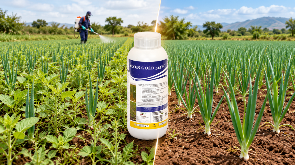 Oxen Gold Weed Control Before and After_Kenagro East Africa | Kenagro East Africa Bottle of Oxen Gold 515EC pesticide in a cabbage/green onion field with a sprayer in the background.