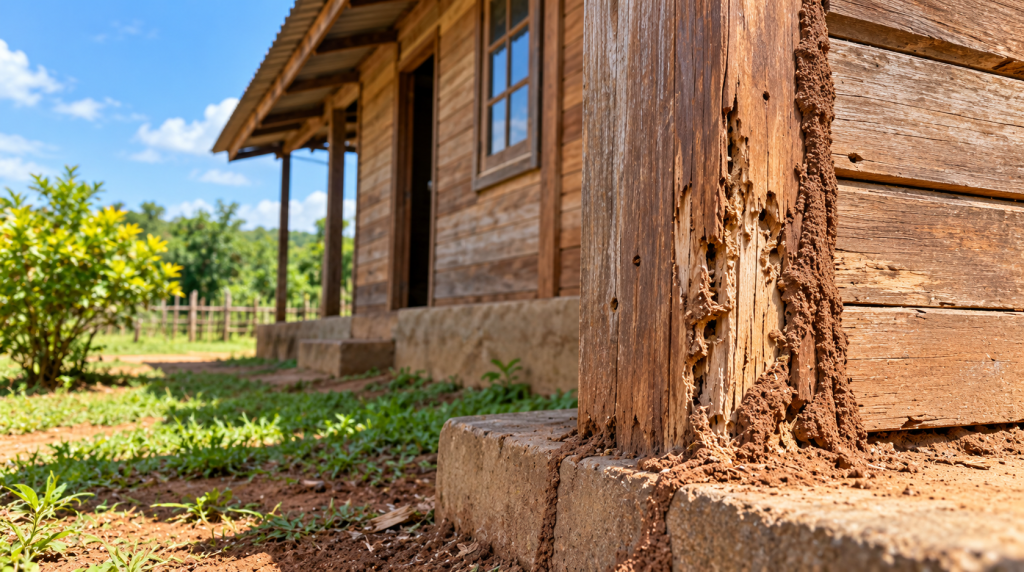 Close-up of a termite-damaged wooden post at the base of a rustic house on a sunny day