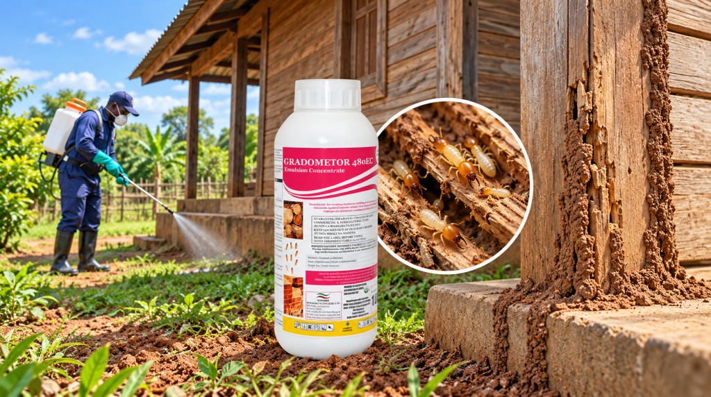 Pest control worker spraying termite treatment around a wooden house; foreground shows Gradometer Emulsion Concentrate bottle.