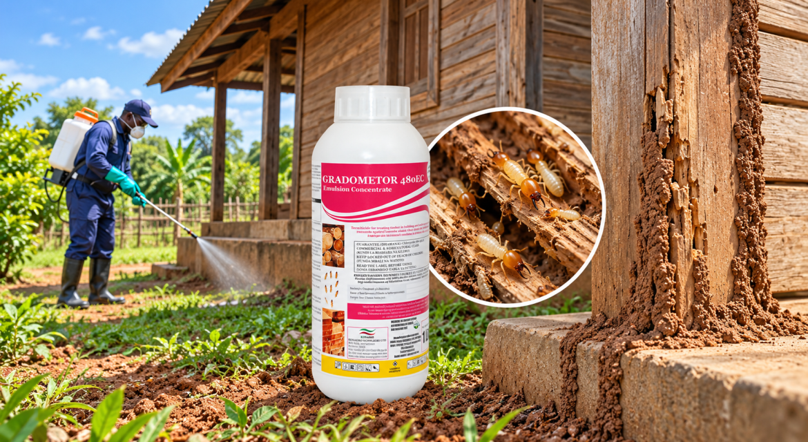 Pest control worker spraying termite treatment around a wooden house; foreground shows Gradometer Emulsion Concentrate bottle.