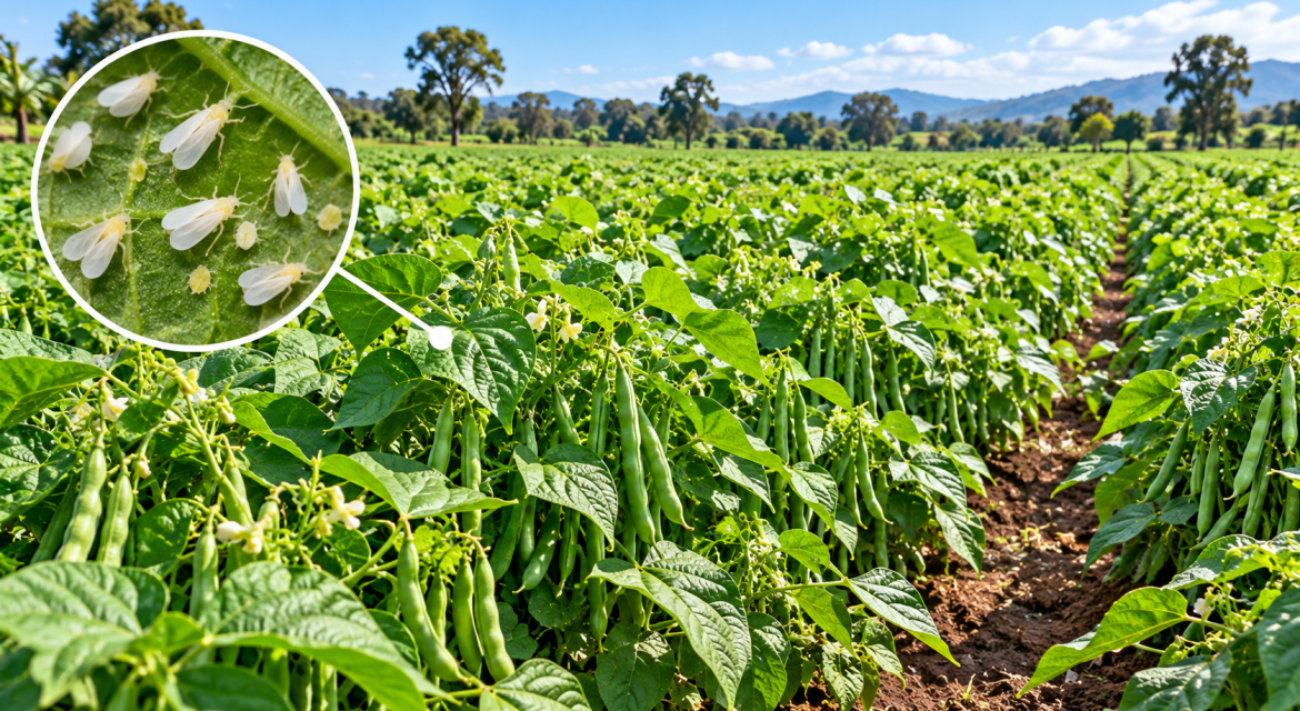Row of green chili peppers growing in a sunlit field, with a magnified inset showing white aphids on a leaf nearby.
