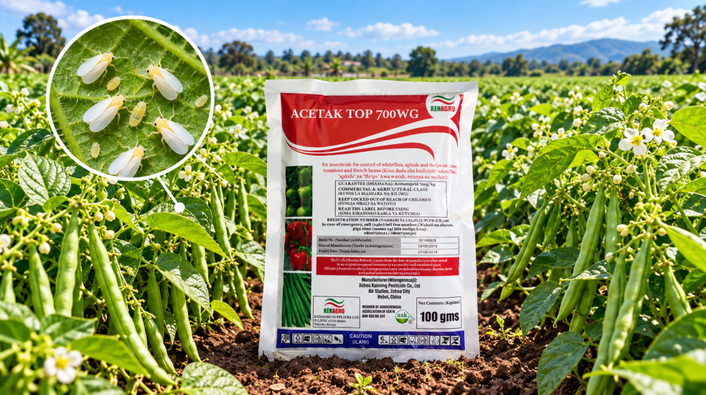 Bag of Acetak Top 700WG insecticide in pepper field, used to control whiteflies, aphids and thrips; inset shows pests on a leaf for emphasis.