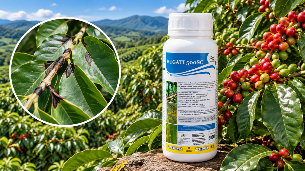 bugati-500sc-bacterial-blight-coffee-kenya | Kenagro East Africa Pesticide bottle labeled BUGATI 500SC in a coffee plantation with ripe red coffee cherries; inset shows a close-up of a leaf with dark, burned spots indicating disease.