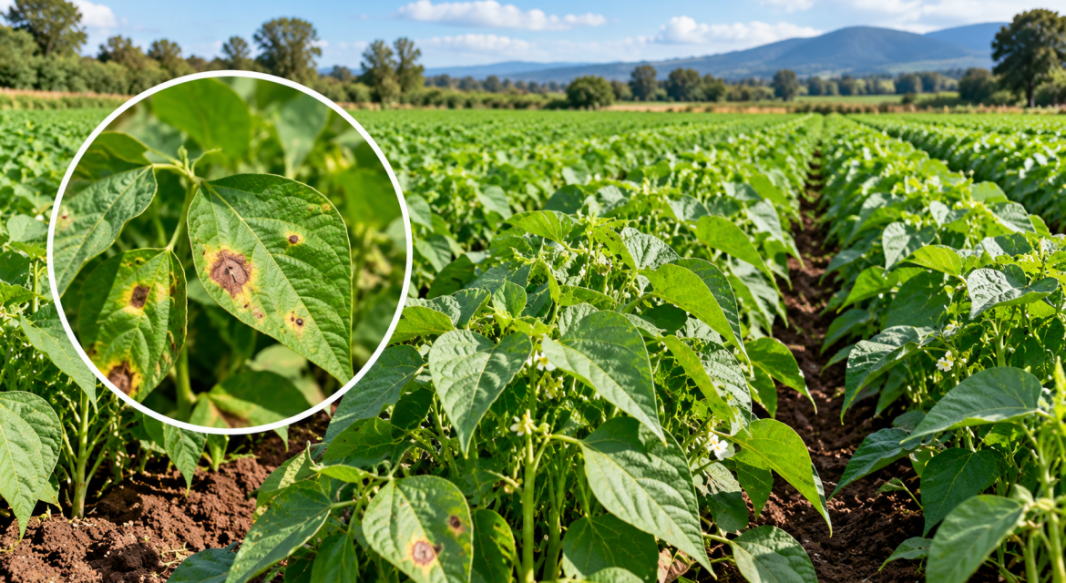 Pepper field with rows of green plants; close-up inset shows leaves with brown circular spots indicating disease in the foreground.