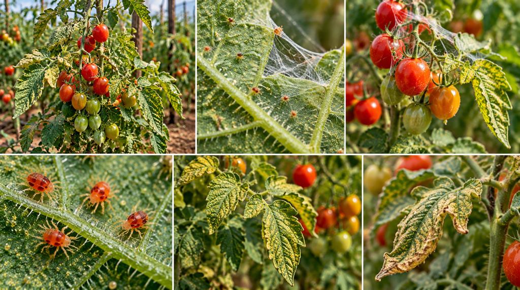 Collage of tomato vines with red, orange, and green cherry tomatoes and yellowed, speckled leaves. Julie-perfect for plant health context.